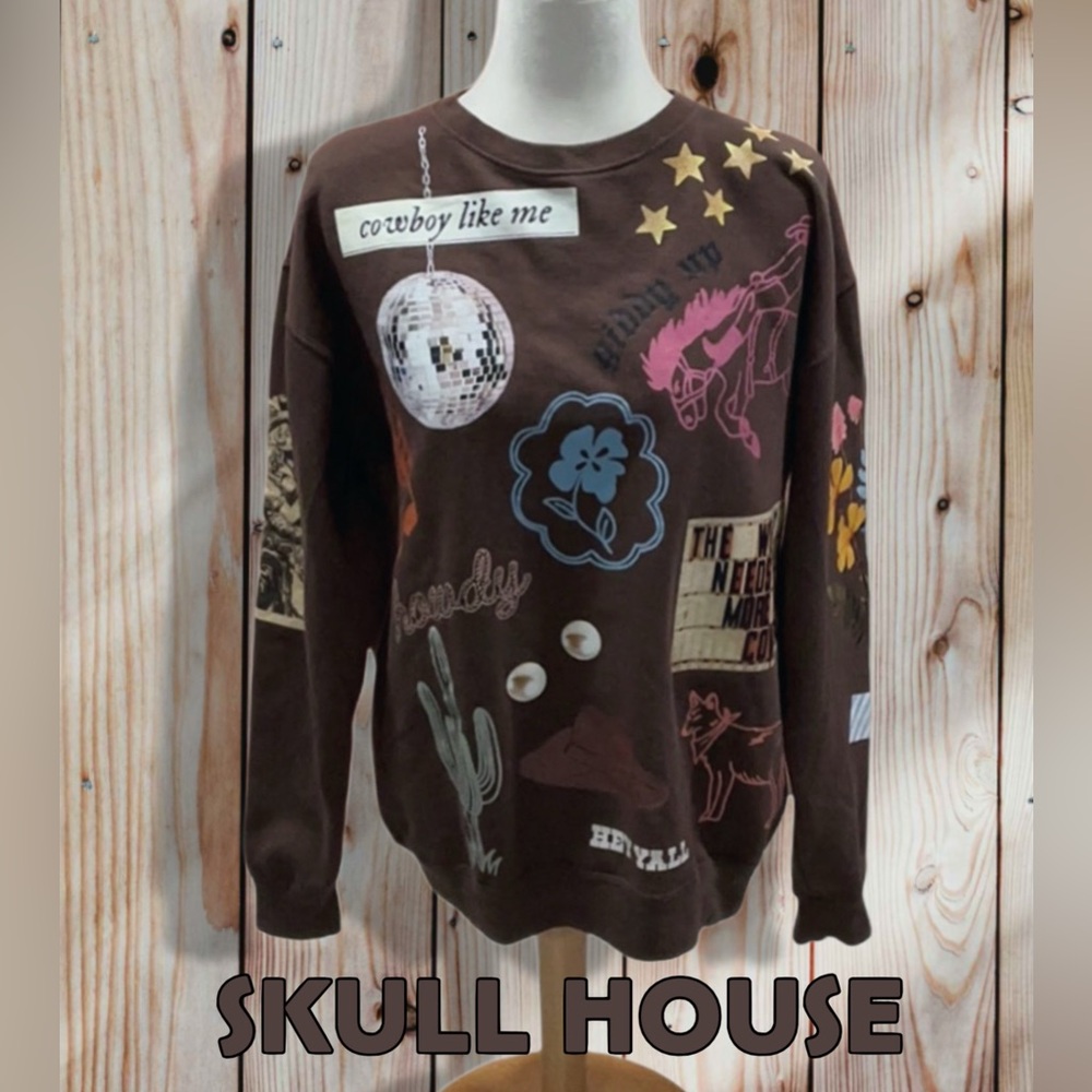 SKULL HOUSE Tattoo Oversized Cowboy Themed Brown Sweatshirt
